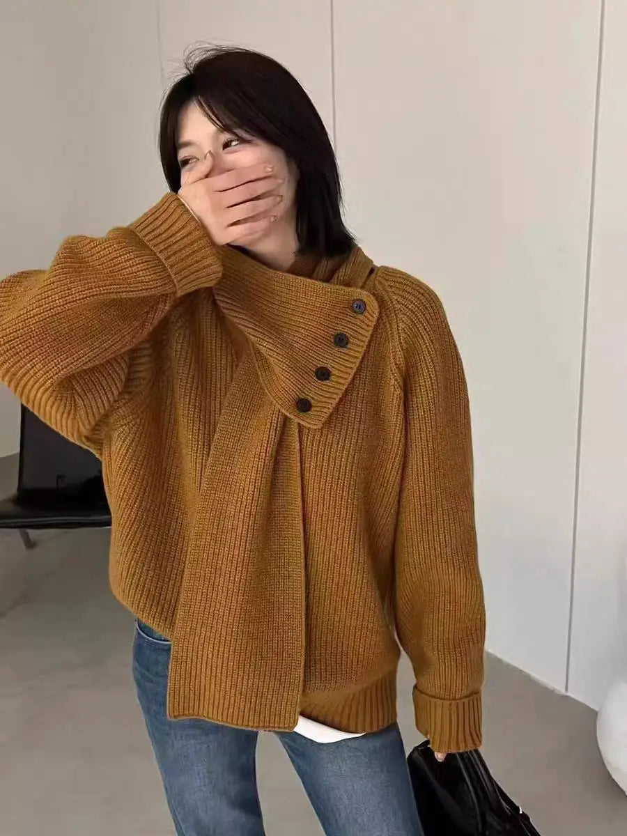 2024 Autumn Winter New Solid Scarf Neck Sweater Korean Version Loose Fashion Long Sleeve Pullovers Knitted Tops Ladies Clothes