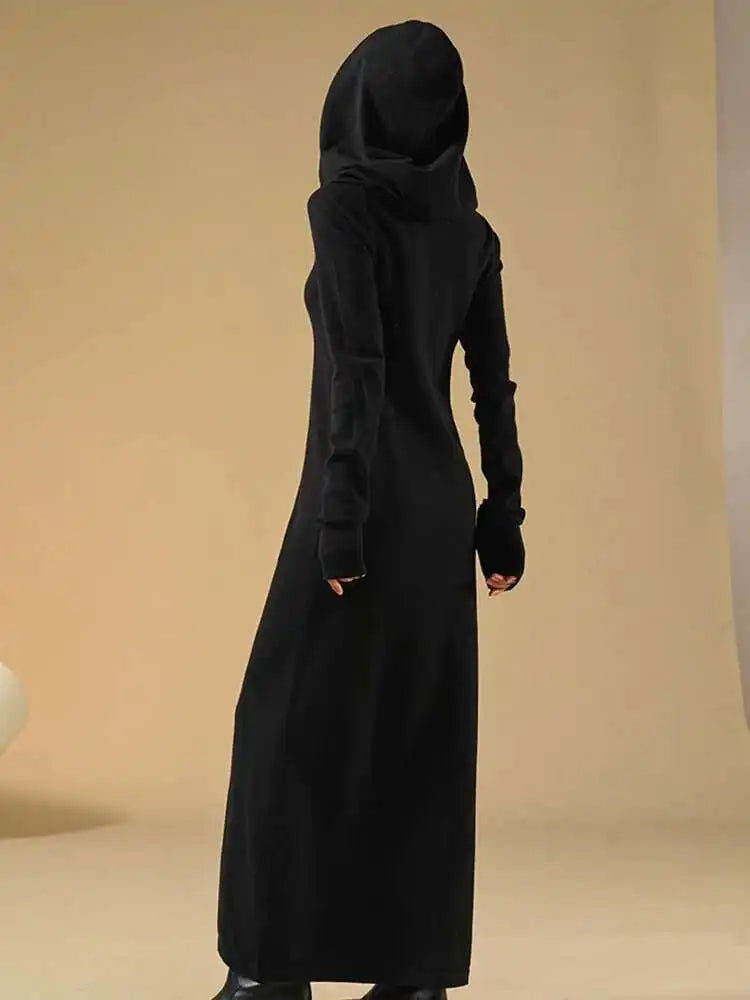 Women Oat Color Knitting Ankle Length Dress New Hooded Long Sleeve Loose Fit Fashion Tide Spring Autumn 2025 1DH3764