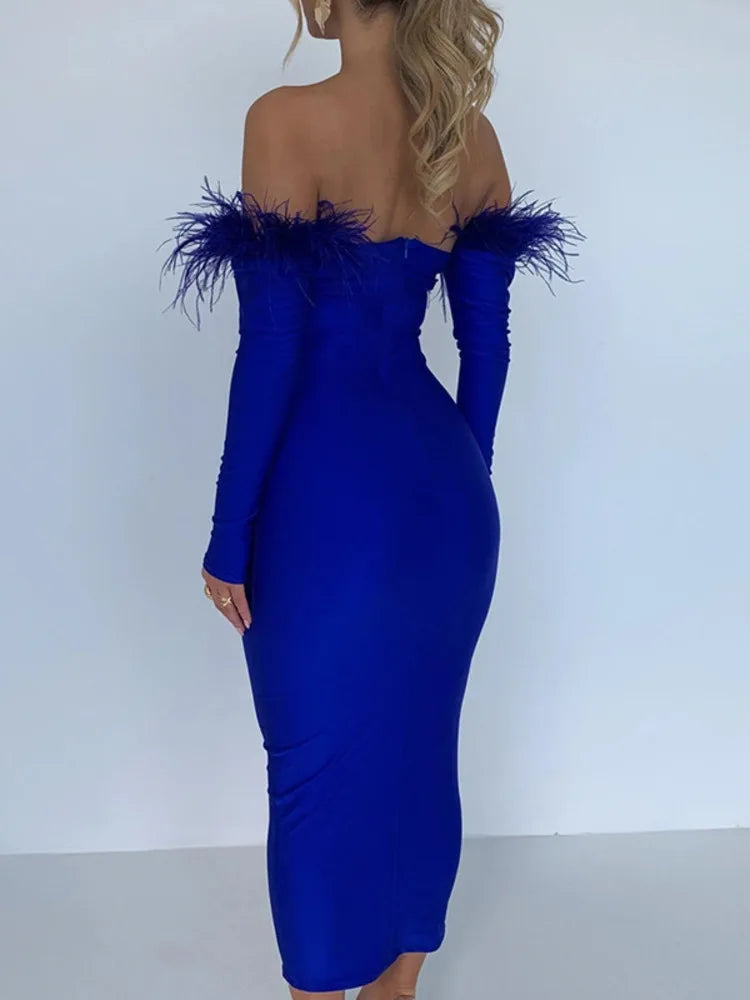 Elegant Off-shoulder Feather Sleeve Maxi Dress Women 2022 New Strapless Backless Bodycon Long Dress Vestido