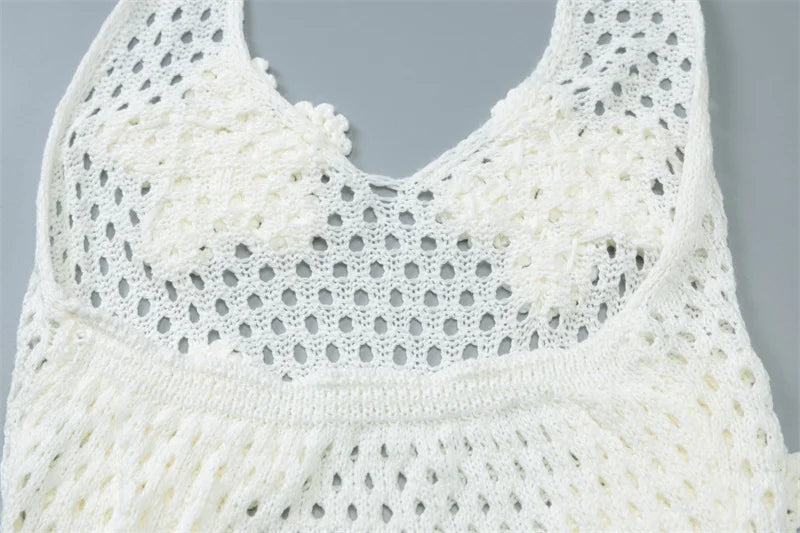 Hollow Out Beach Knit Sexy Mini Dress Women Elegant Halter Lace-up Sleeveless Backless Vacation Club Party Dress