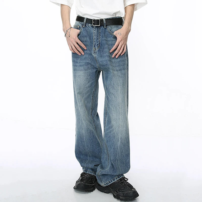 Washed Male Jeans Korean Fashion Gradient Color Pockets Men's Straight Denim Trousers Wide Leg Pants Spring Chic 9C4278