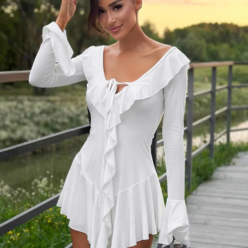 Load image into Gallery viewer, Sexy Deep V Ruffled Bodycon Short Skirt For Women 2024 Fall Ruffled Flared Sleeves Party Evening Dress Street Clothing
