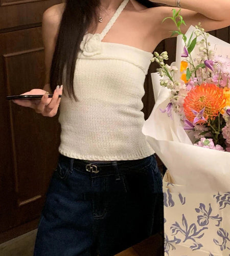 Solid Slimming Spliced 3D Flower Knitted Vests for Women Halter Sleeveless Elegant Vest Female Fashion Clothing New