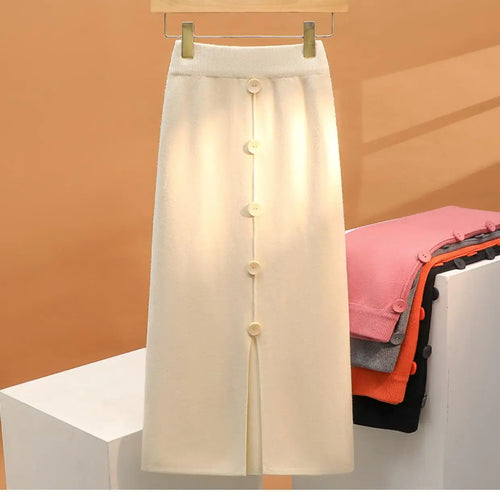 Load image into Gallery viewer, Solid Knit Wrap Hip Skirts Women 2023 Autumn Winter New Fashion Midi Skirt Vintage Casual Elastic High Waist Button Split Skirt
