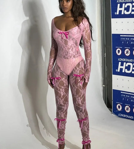 Sexy Lace Long Sleeved Deep V Jumpsuit For Women's Tight Fitting Print Transparent Female Romper Party Club Clothing