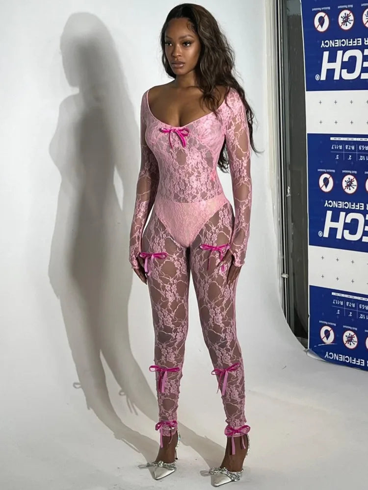 Sexy Lace Long Sleeved Deep V Jumpsuit For Women's Tight Fitting Print Transparent Female Romper Party Club Clothing