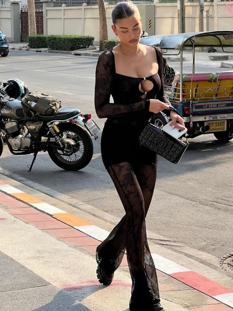 Sexy Lace Patchwork Hollow Women Set Long Sleeve Slim Fit Perspective Flare Pants Long Pants Set Fashion Street Clothing