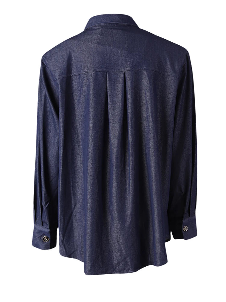 Women Blue Rivet Shoulder Padded Big Size Blouse New Lapel Long Sleeve Shirt Fashion Tide Spring Autumn 2025 CPG3097