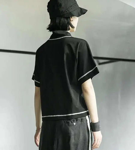 Women Black Line Stitch Irregular Big Size T-shirt New V-collar Short Sleeve  Fashion Tide  Spring Summer 2025 1X004