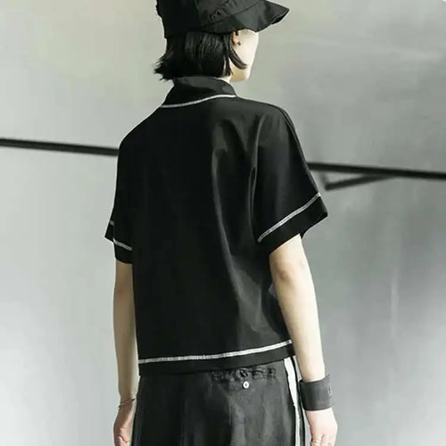 Load image into Gallery viewer, Women Black Line Stitch Irregular Big Size T-shirt New V-collar Short Sleeve  Fashion Tide  Spring Summer 2025 1X004
