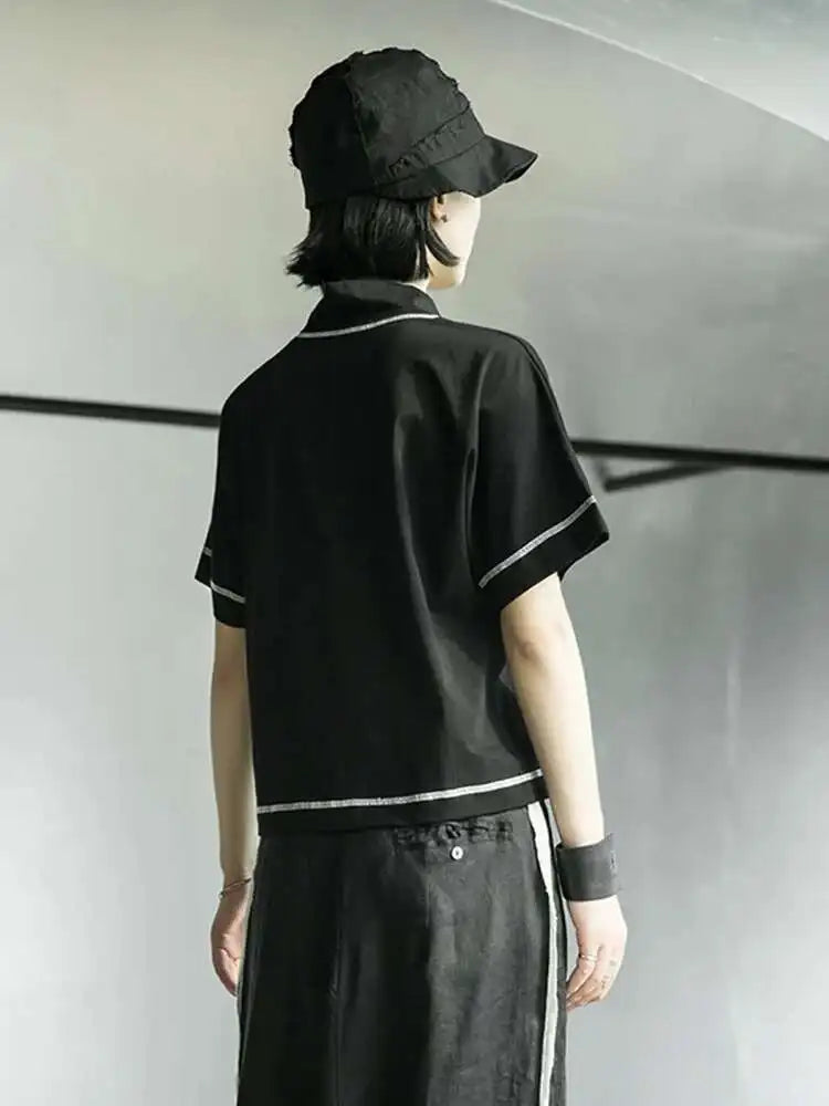 Women Black Line Stitch Irregular Big Size T-shirt New V-collar Short Sleeve  Fashion Tide  Spring Summer 2025 1X004