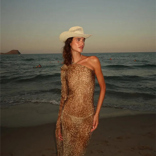 Load image into Gallery viewer, One Shoulder Leopard Print Maxi Dress Women Inclined Shoulder Backless Beach Holiday Vacation Club Sexy Long Dress
