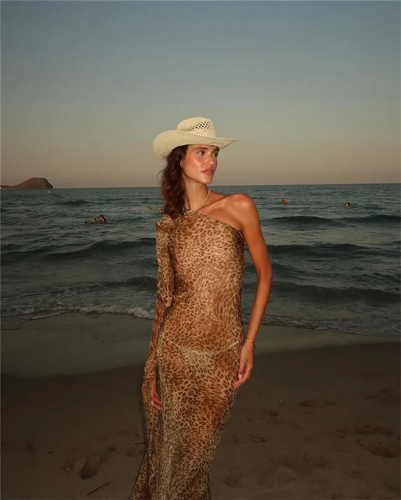 One Shoulder Leopard Print Maxi Dress Women Inclined Shoulder Backless Beach Holiday Vacation Club Sexy Long Dress