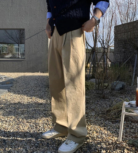 Men's Suit Pants Pleated Design Solid Color Korean Style Casual Trousers Straight Wide Leg Loose Male Bottom Simple 9W1230