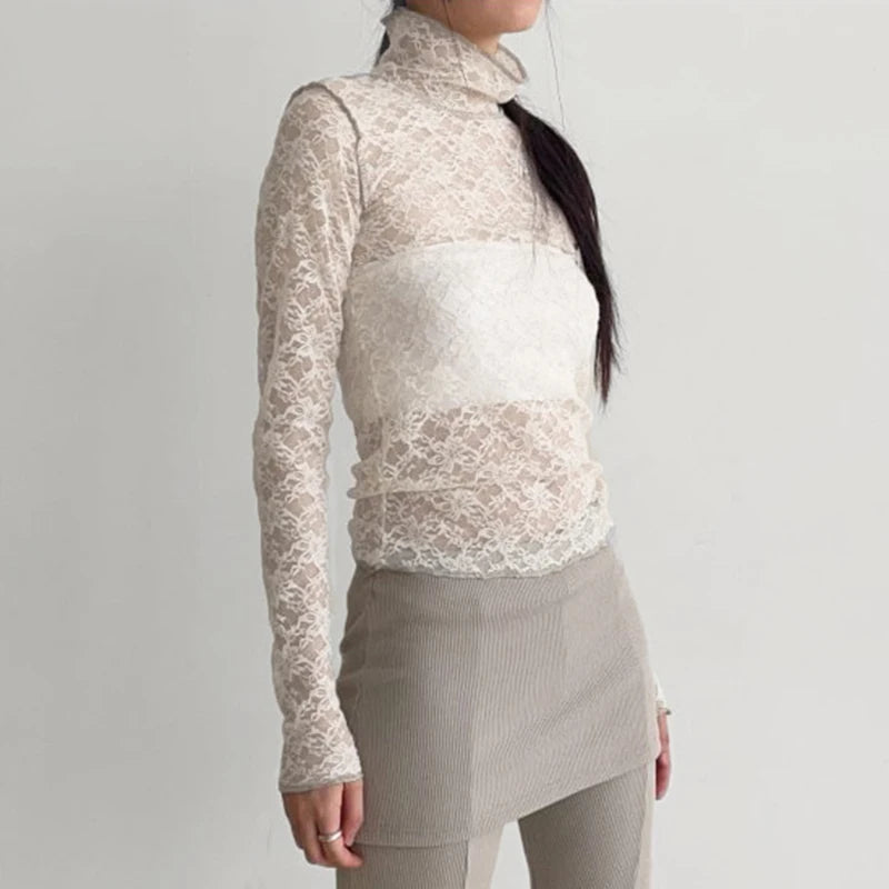 Fashion White Stitch Chic Lace Shirt Women Turtleneck See Through Sexy Top Outfits Streetwear Slim T-shirts Elegant