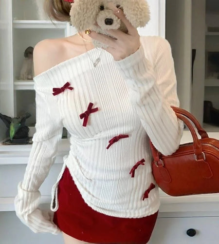 Fairy Coquette Top y2k Clothes Women Off Shoulder Long Sleeve Knitted Long Sleeve T Shirt 2000s Clothing Streetwear