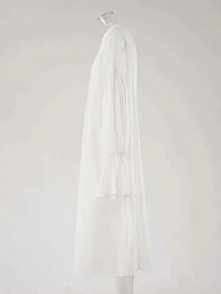 Women White Big Size Elegant Shirt Dress New Stand Collar Long Flare Sleeve Fashion Tide Spring Autumn 2025 CPDB216