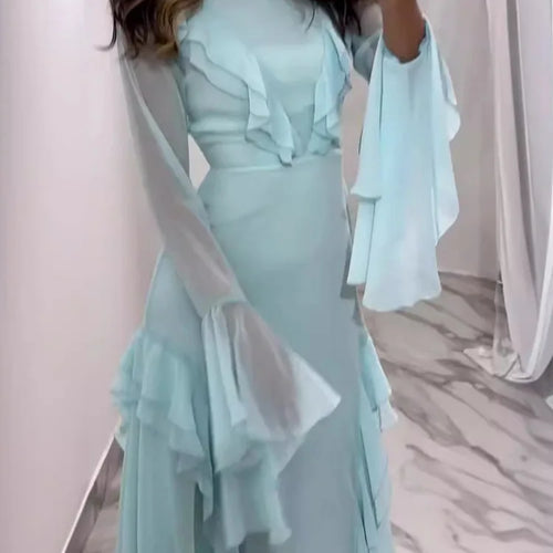 Load image into Gallery viewer, Elegant Long Sleeved Ruffled Bodycon Women Dress Fall 2024 New Mesh Hollow Out Evening Dress Slim Fit Party Club Vestidos
