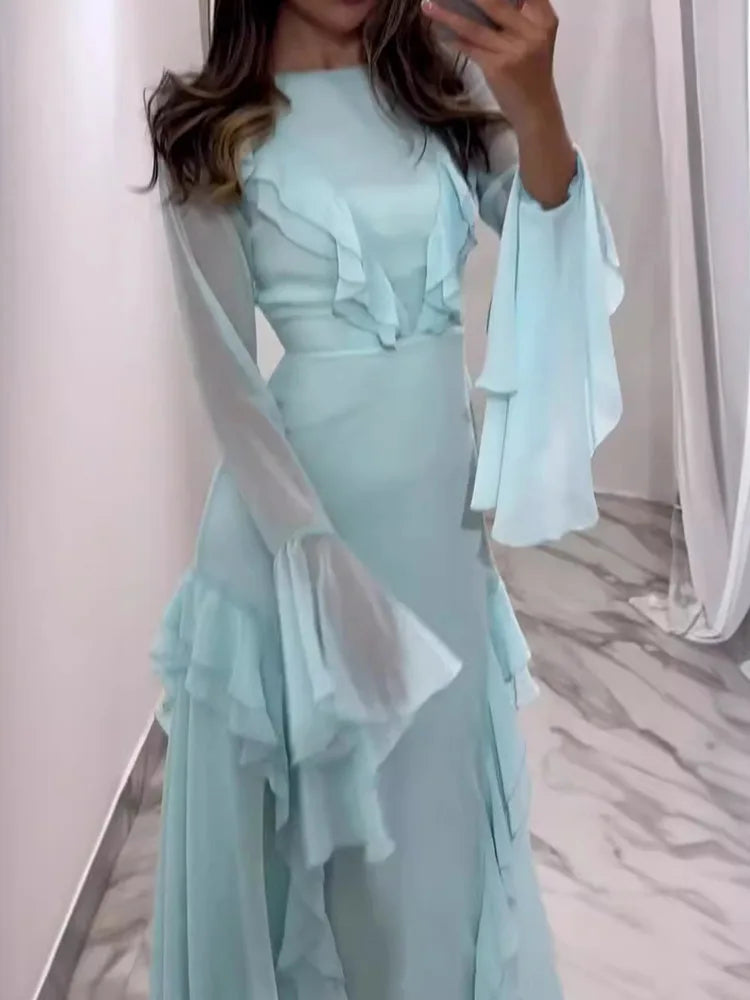 Elegant Long Sleeved Ruffled Bodycon Women Dress Fall 2024 New Mesh Hollow Out Evening Dress Slim Fit Party Club Vestidos