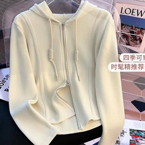 Load image into Gallery viewer, Korean Fashion Women's Black Beige Festival Hooded Zipper Sweatshirt Autumn Winter Retro Grey Long Sleeve Holiday Cardigan Tops
