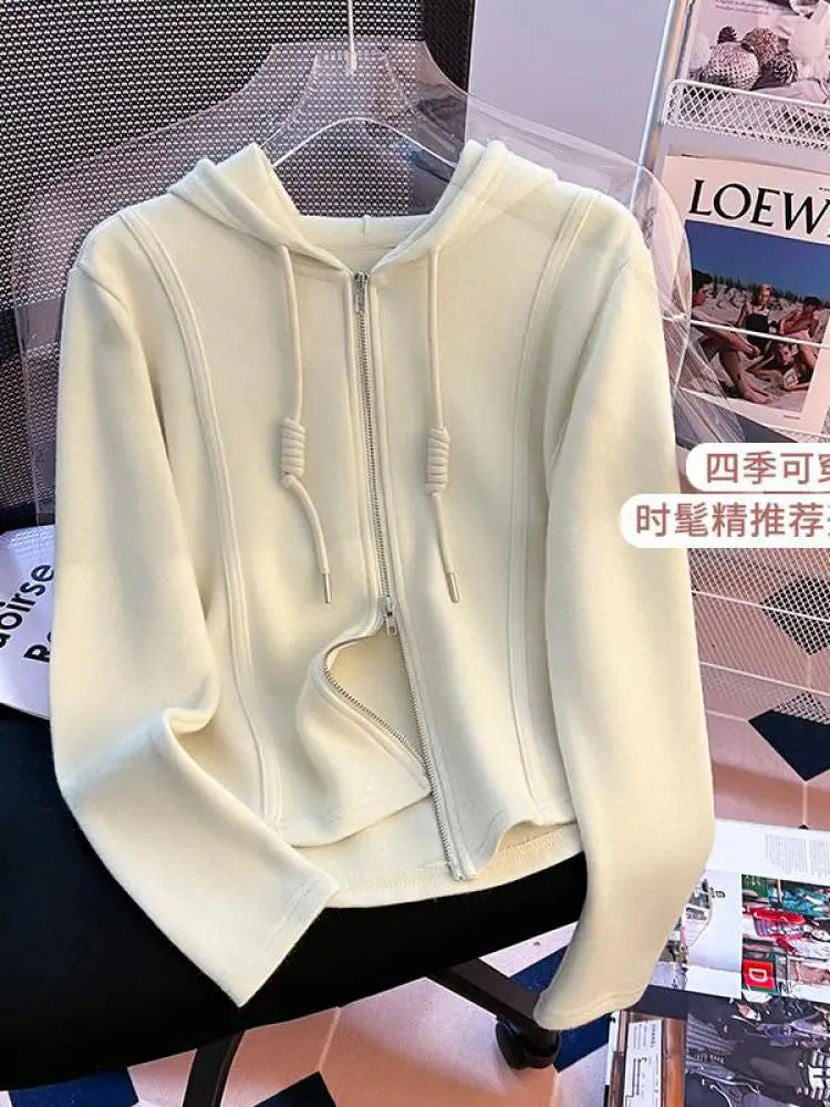 Korean Fashion Women's Black Beige Festival Hooded Zipper Sweatshirt Autumn Winter Retro Grey Long Sleeve Holiday Cardigan Tops