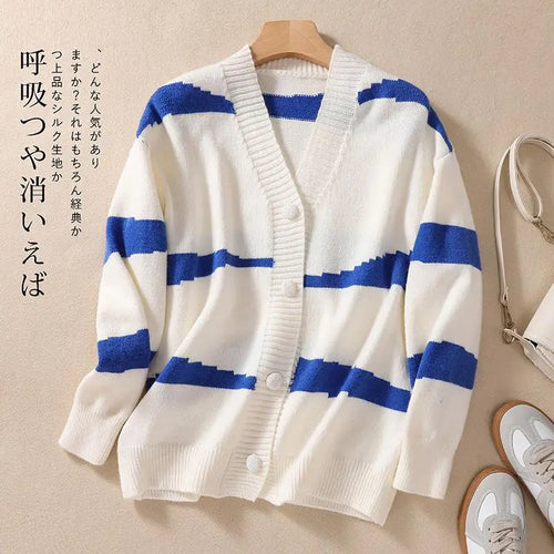 Load image into Gallery viewer, Women Blue White Striped Patchwork Knit Sweater Autumn Winter Long Sleeve Single Breasted Cardigan Korean Fashion Short Tops New
