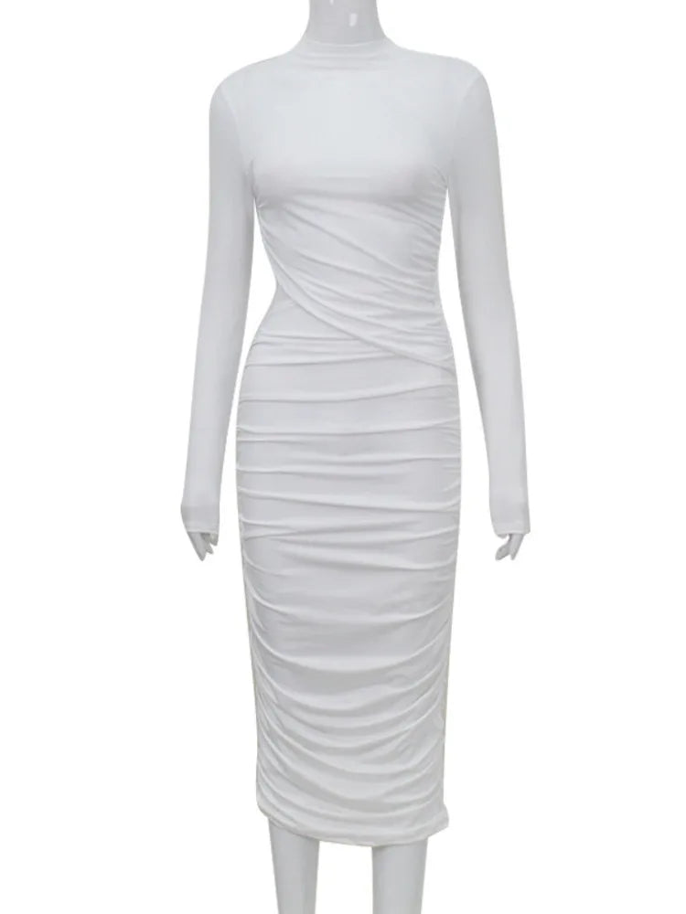 Elegant Women Long Sleeved Sexy Hollow Out Party Evening Dress Pleated Tight Elegant Formal Vestidos Autumn/winter 2025