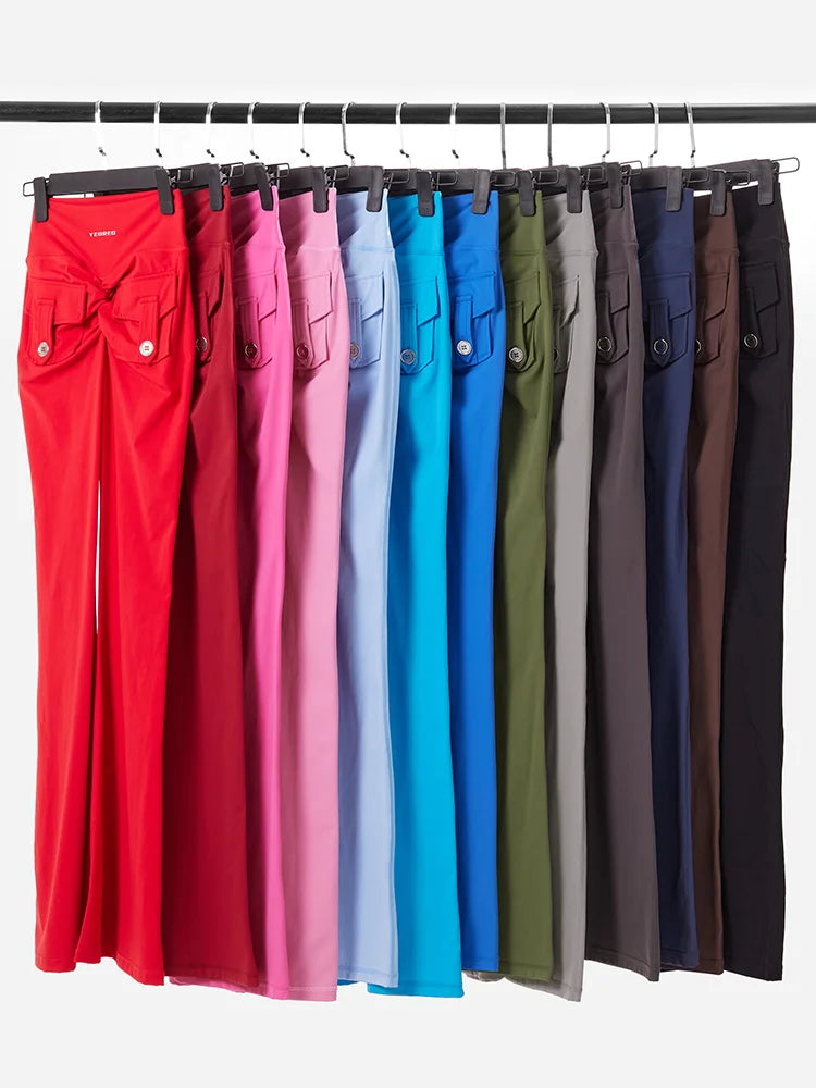 Women Flare Leggings High Waist Wide Elastic Leg Yoga Pants Sport Fitness Pocket Training Running Gym Quick Dry Workout Trousers