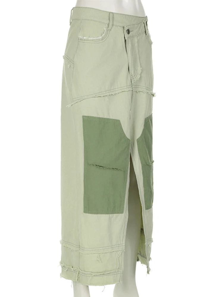 Colorblock Split Casual Loose Skirts For Women High Waist Patchwork Button Irregular Denim Skirt Female Fashion