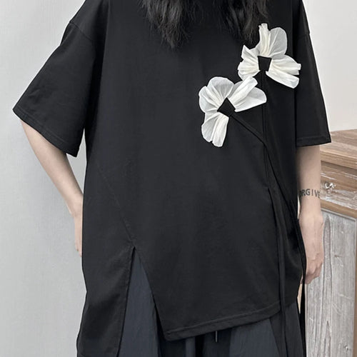 Load image into Gallery viewer, Women Black Flower Ruffles Big Size Irregular T-shirt New Round Neck Short Sleeve Fashion Tide Spring Summer 2025 1DF9643
