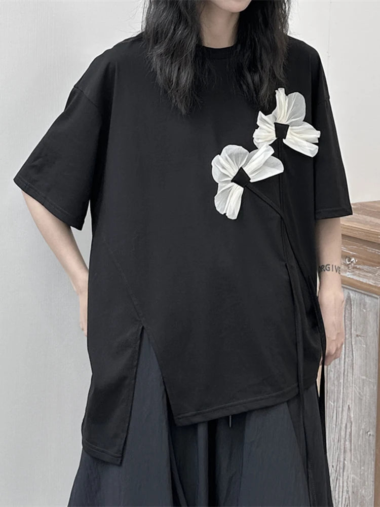 Women Black Flower Ruffles Big Size Irregular T-shirt New Round Neck Short Sleeve Fashion Tide Spring Summer 2025 1DF9643