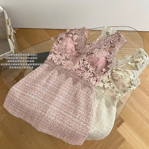 Load image into Gallery viewer, Summer Khaki Patchwork Lace Party Vest Short Dress Women Pink Embroidered Sleeveless V Neck Sexy Club Wrapped Hip Mini Dress New
