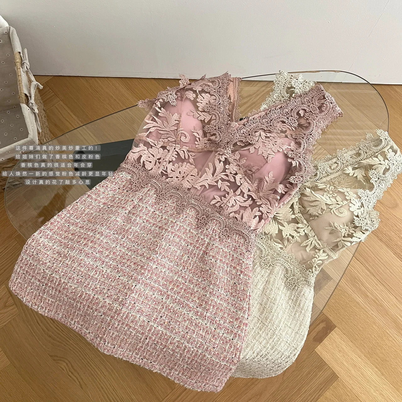 Summer Khaki Patchwork Lace Party Vest Short Dress Women Pink Embroidered Sleeveless V Neck Sexy Club Wrapped Hip Mini Dress New