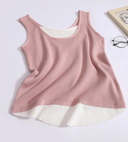 Summer Women Patchwork Backless Sleeveless Knit Vest Korean Sexy Club Asymmetrical Tank Tops Vintage Fashion Versatile Clothes