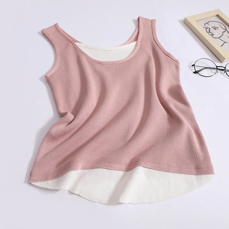 Summer Women Patchwork Backless Sleeveless Knit Vest Korean Sexy Club Asymmetrical Tank Tops Vintage Fashion Versatile Clothes