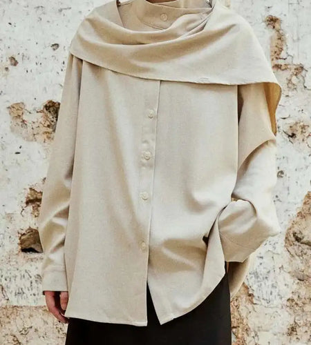 Women Khaki With Scarf Big Size Elegant Blouse New Stand Collar Long Sleeve Shirt Fashion Tide Spring Autumn 2025 1DH6989