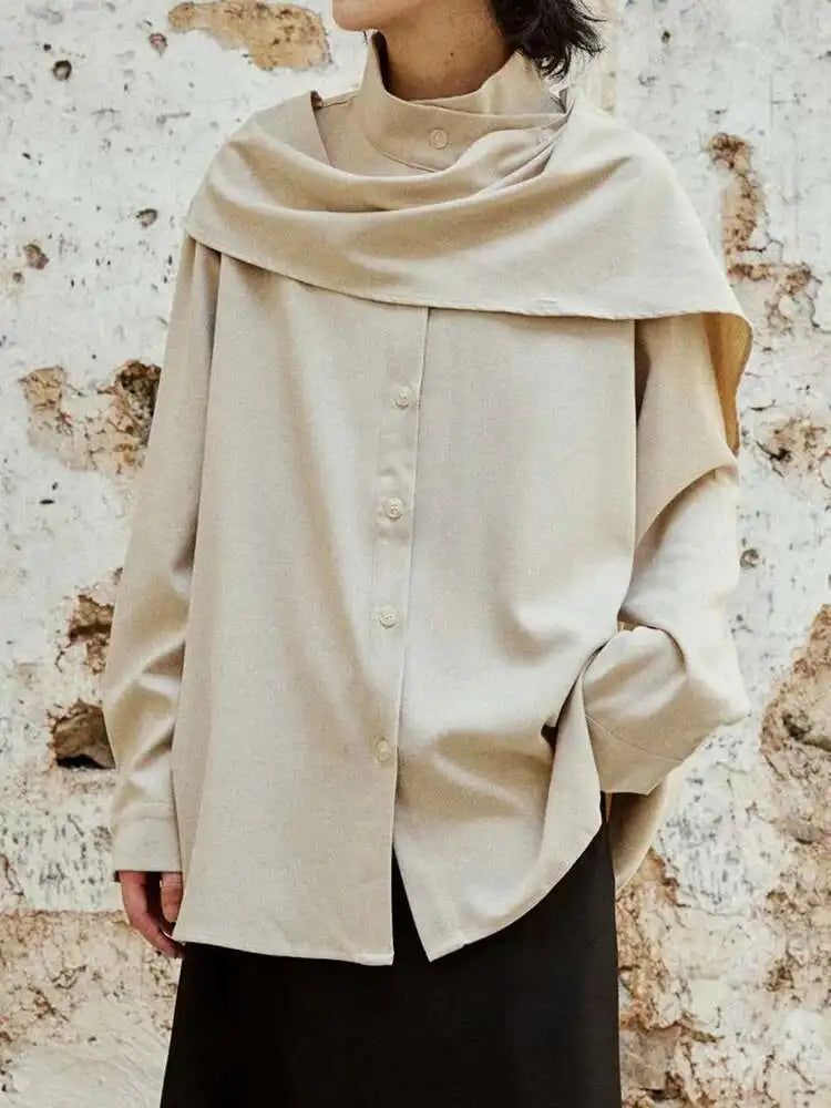 Women Khaki With Scarf Big Size Elegant Blouse New Stand Collar Long Sleeve Shirt Fashion Tide Spring Autumn 2025 1DH6989
