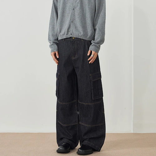 Load image into Gallery viewer, Men's Jeans New American Style Straight Leg Trendy Multi Pockets Line Design Splicing Male Summer Loose Bottoms 9W1900
