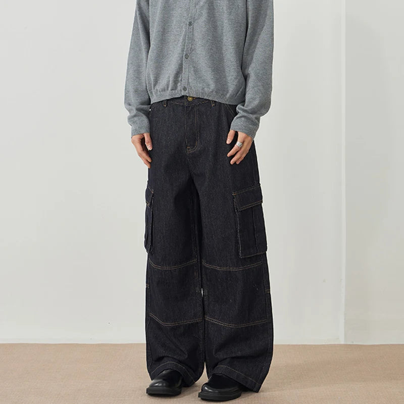 Men's Jeans New American Style Straight Leg Trendy Multi Pockets Line Design Splicing Male Summer Loose Bottoms 9W1900