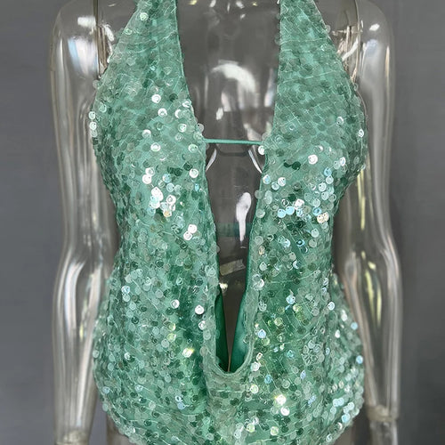 Load image into Gallery viewer, Halter Deep V Neck Sexy Crop Tops Women Sequins Beach Club Tank Tops Female Summer New Holiday Party Cropped Tops
