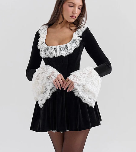 Lace Flare Long Sleeve Sexy Mini Dress Women Black Fashion Square Collar High Waist Pleated Club Party Dress Elegant