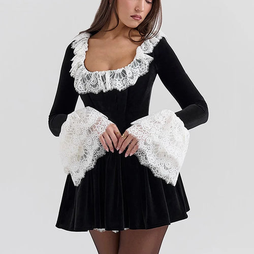 Load image into Gallery viewer, Lace Flare Long Sleeve Sexy Mini Dress Women Black Fashion Square Collar High Waist Pleated Club Party Dress Elegant
