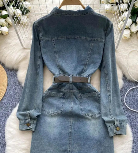 Autumn Retro Blue Long Sleeves Single Breasted Denim Mini Dress Korean Fashion Women Slim High Waist A-line Jeans Short Dresses