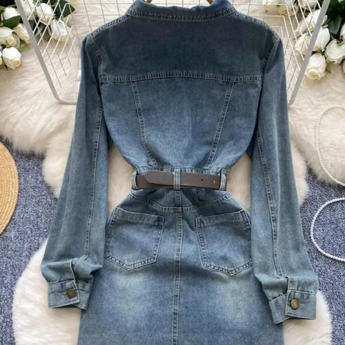 Load image into Gallery viewer, Autumn Retro Blue Long Sleeves Single Breasted Denim Mini Dress Korean Fashion Women Slim High Waist A-line Jeans Short Dresses
