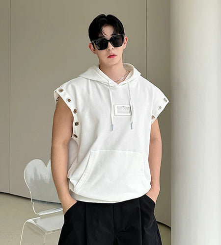 Sleeveless Sweatshirt Men Summer American Hooded Pullover Men's Top Metal Decoration Niche Design Menwear 9C5986