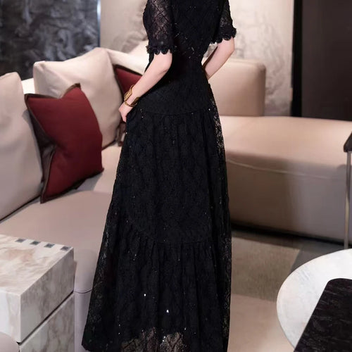 Load image into Gallery viewer, Solid Spliced Sequines Slimming Dresses For Women O Neck Long Sleeve High Waist Temperament Dress Female Fashion
