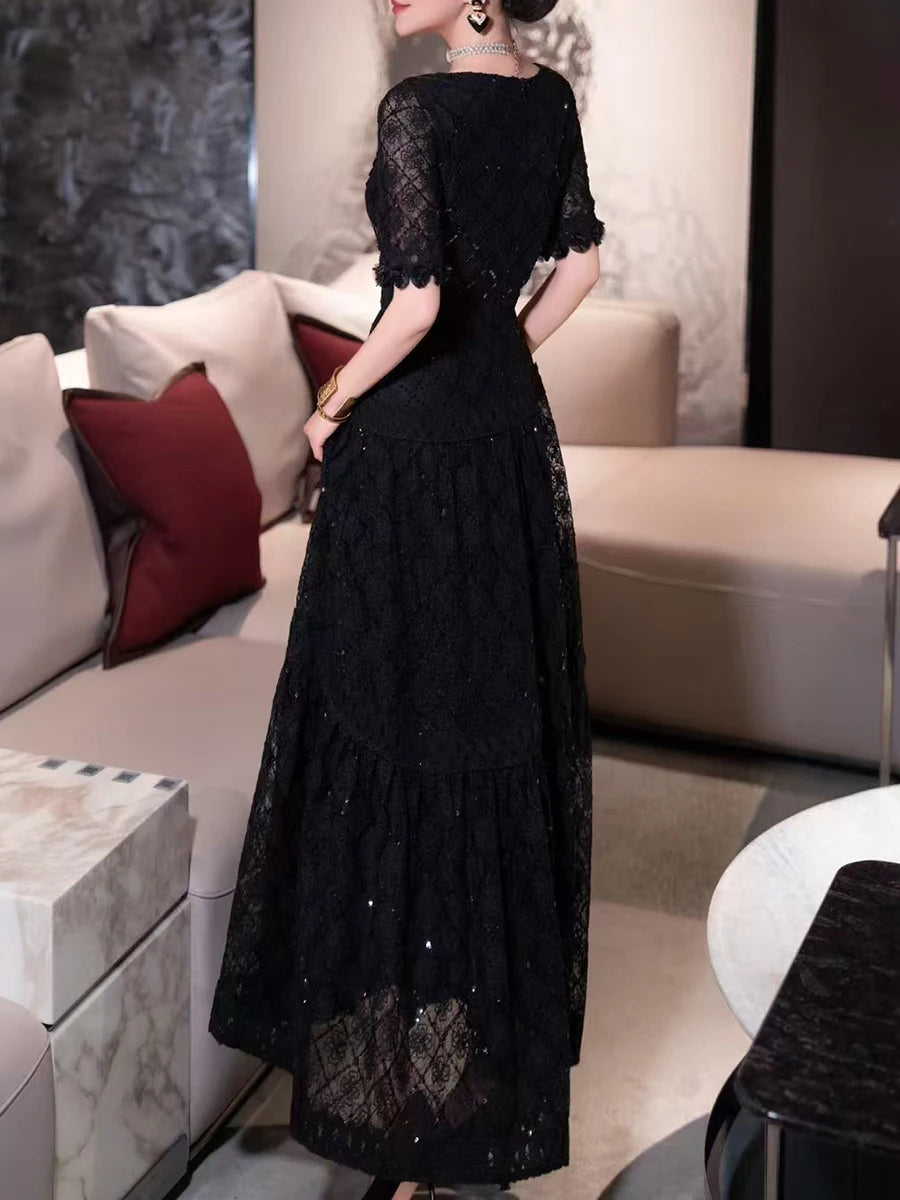 Solid Spliced Sequines Slimming Dresses For Women O Neck Long Sleeve High Waist Temperament Dress Female Fashion