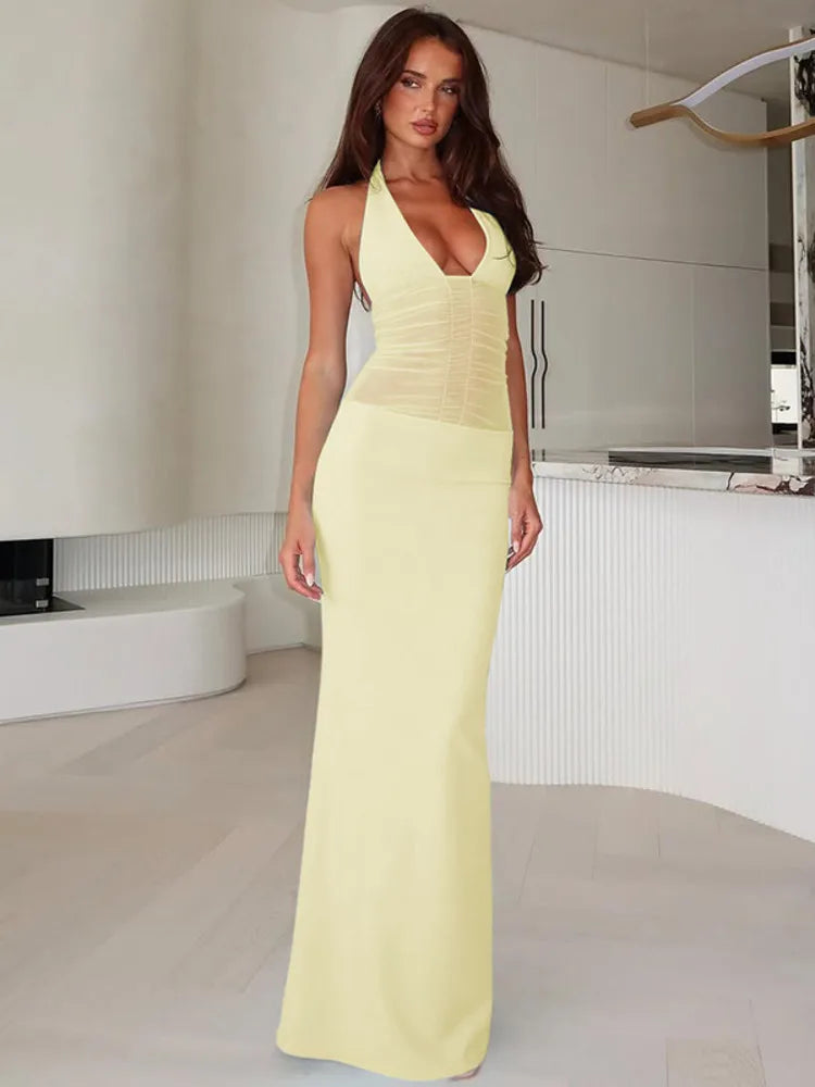 Mesh See Through Halter Sexy Maxi Dress Women Gown Fashion Deep V Neck Sleeveless Backless Bodycon Long Dress Elegant