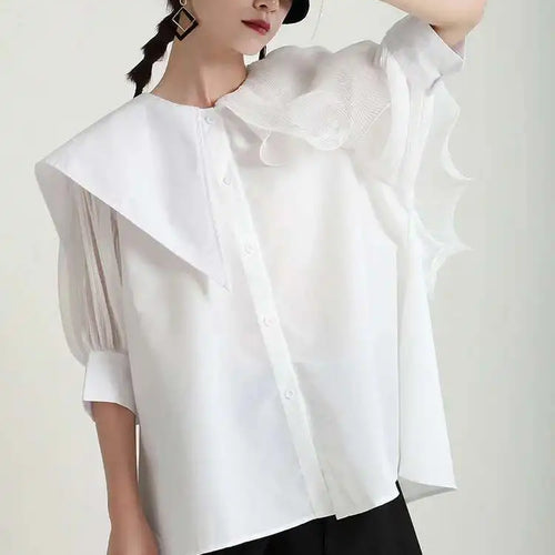 Load image into Gallery viewer, Women Green Irregular Ruffles Big Size Blouse New Lapel Short Sleeve Loose Fit Shirt Fashion Spring Summer 2025 1DF4886
