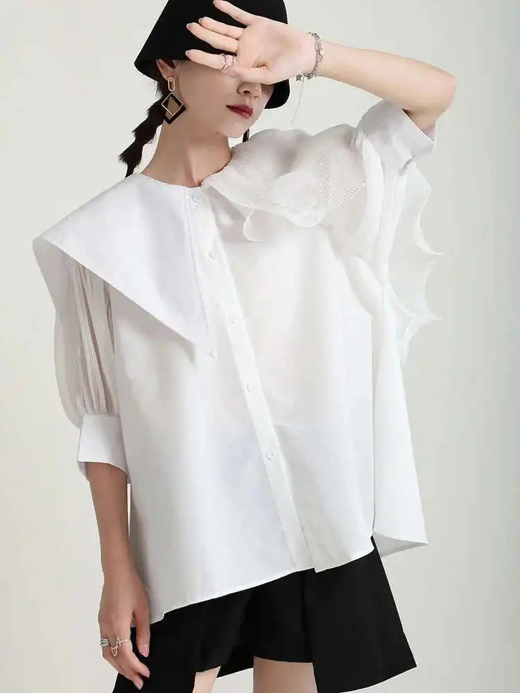 Women Green Irregular Ruffles Big Size Blouse New Lapel Short Sleeve Loose Fit Shirt Fashion Spring Summer 2025 1DF4886